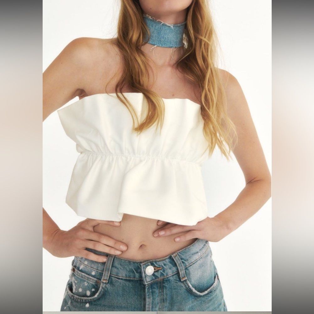 White ruffle strapless Zara top